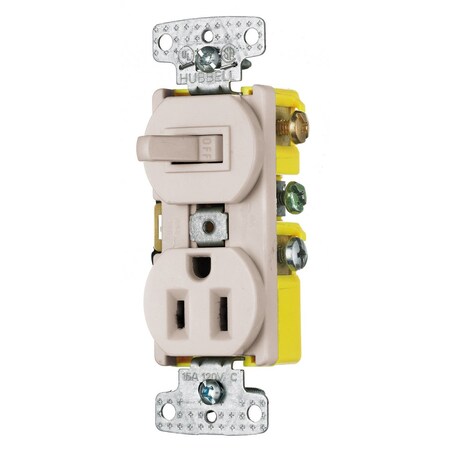 Hubbell Wiring Device-Kellems Combination Devices, Residential Grade, 1) Single Pole Toggle, 1) Single Receptacle, 15A 120V AC, Self Grounding, Side Wired RC108LA